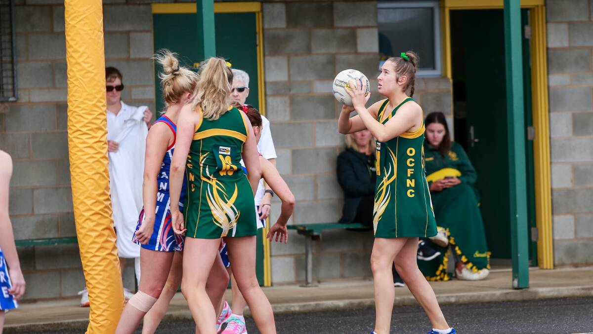 All set: Old Collegians goalies Maggie Kline and Chelsea Quinn in action in round eight against Panmure. Picture: Anthony Brady