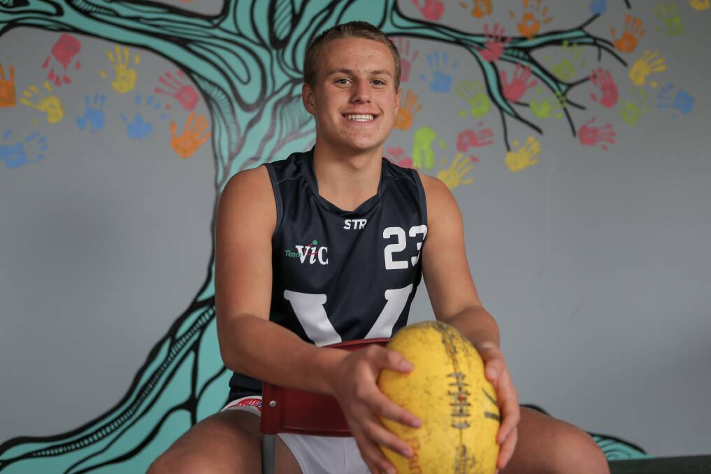 HAPPY: South Warrnambool footballer George Stevens can't wipe the smile off his face after making the School Sport Victoria under 15 team. Picture: Rob Gunstone