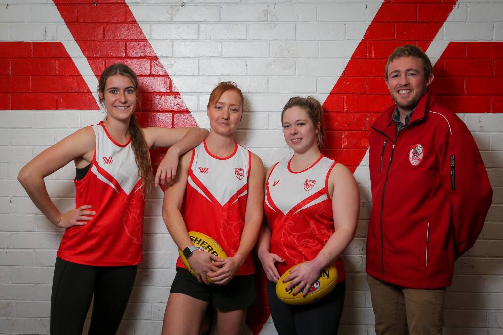 FULL TEAM: South Warrnambool's Monique Jones, Tara Blain, Bethany Gillie and coach Brenton O'Rourke are seeing more women joining. Picture: Rob Gunstone