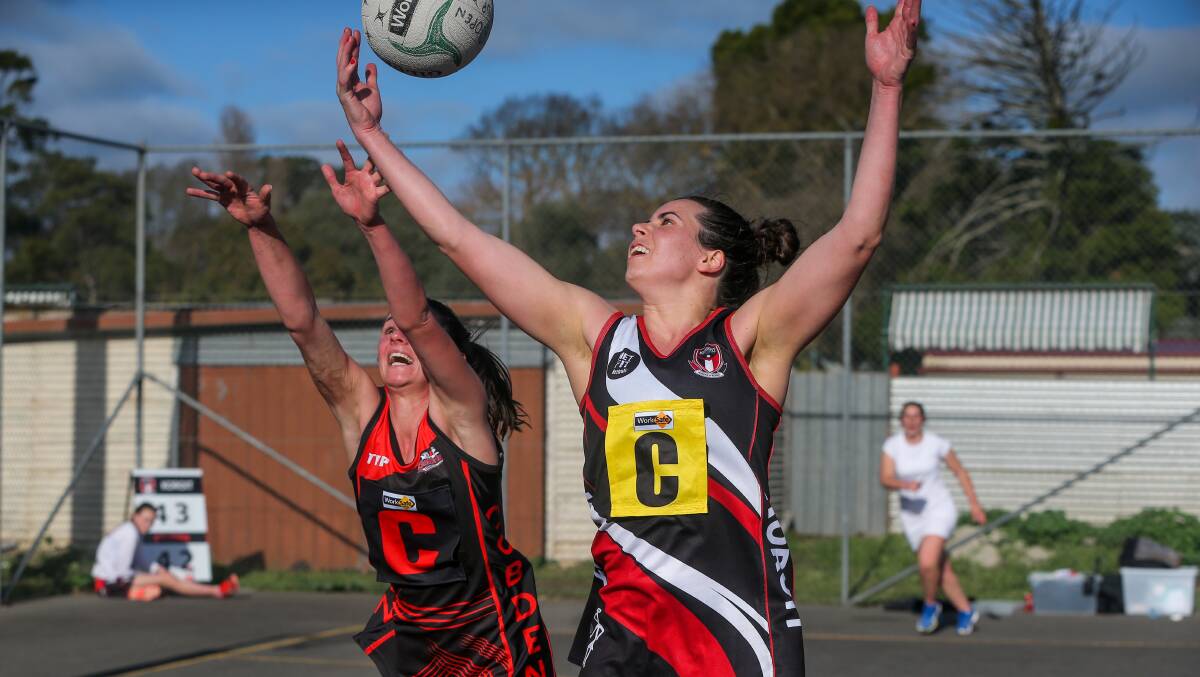 STAR BATTLE: Cobden's Amy Hammond tries to stop Koroit's Emily-Rose Finnigan from taking the ball. Picture: Rob Gunstone