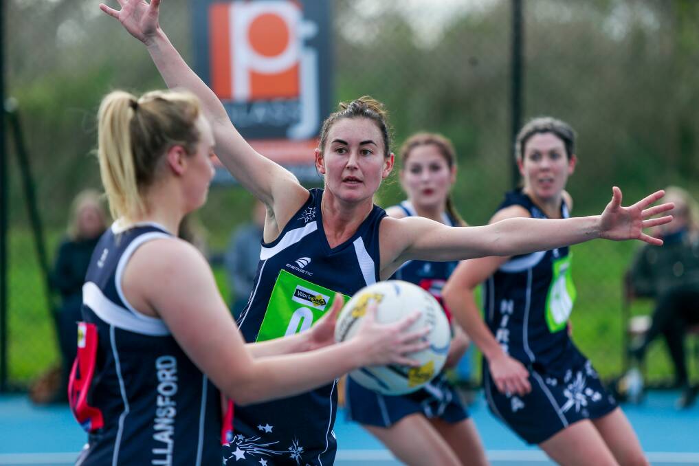 You shall not pass: Nirranda centre Anna Archie guards space during the Allansford game. Picture: Anthony Brady