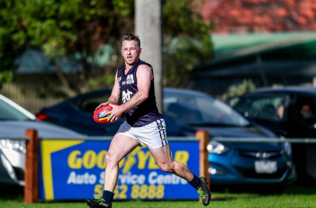 Happy hunting: Nirranda's Aaron Searle booted three goals against Allansford. This outing took him to second place on the league's goal-kicking tally with 26 majors at an average of 4.33 per game. Picture: Anthony Brady