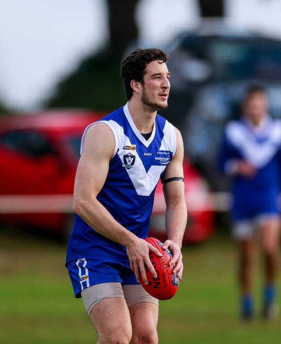 Cut down: Russells Creek ruckman Lukas Essenwanger will be sidelined for two to four weeks after he injured his hip at the first bounce against South Rovers. Picture: Anthony Brady