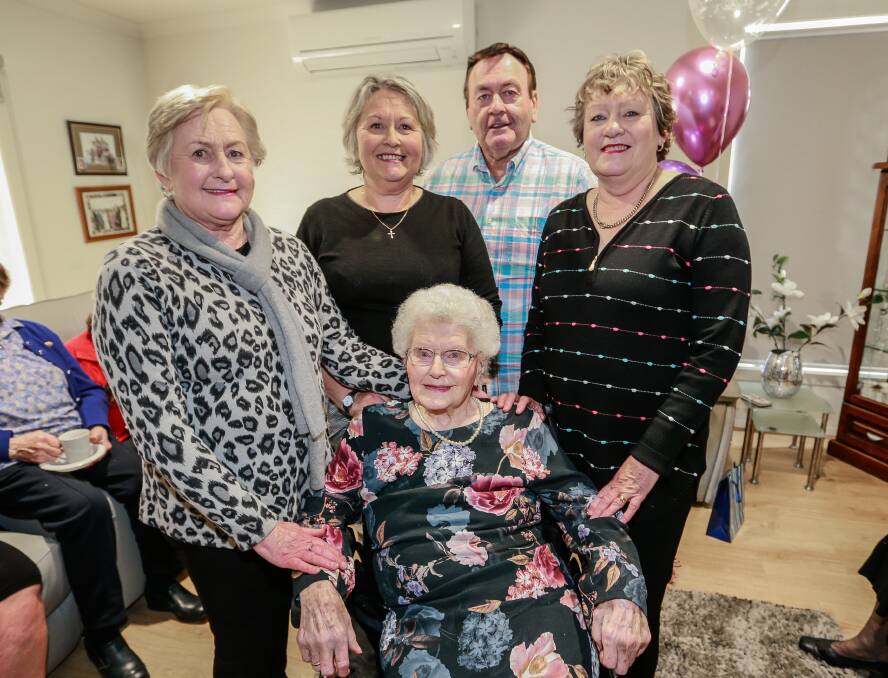 SURROUNDED BY FAMILY: Kath Harney celebrates her 100th birthday with her children Mary O'Keefe, Therese Moloney, Frank Harney and Monica Mugavin. Picture: Anthony Brady