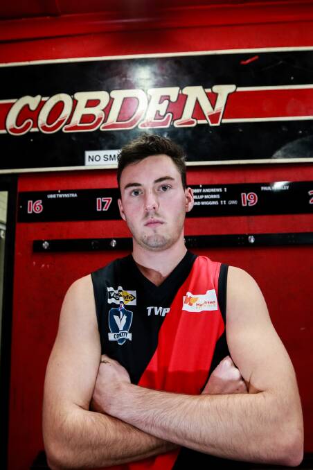 RED AND BLACK: Josh Hickey has played all of his football for Cobden. He grew up in the town and lives just 800 metres from the Bombers' home ground. Picture: Anthony Brady 