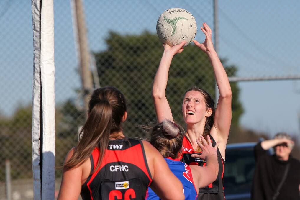 PRECISE: Cobden's Jaymie Finch measures her shot at goal against Terang Mortlake. Picture: Rob Gunstone