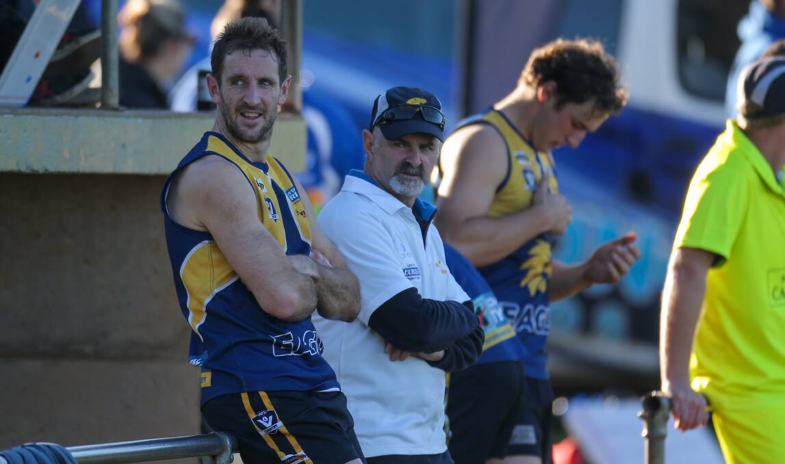 HANDY INCLUSION: Former AFL player Michael Barlow on the boundary at the start of the third quarter of his game for North Warrnambool Eagles. The VFL-listed midfielder made his Hampden league debut. Picture: Rob Gunstone
