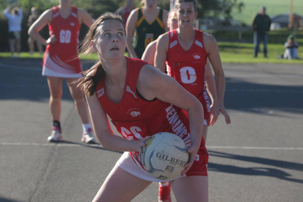 Eyes on the prize: Zoe Fleming (pictured) shot 24 goals in Dennington's thrilling 51-50 win over Old Collegians. The result lifted the Dogs to second on the Warrnambool and District league netball ladder. Picture: Gus McCubbing