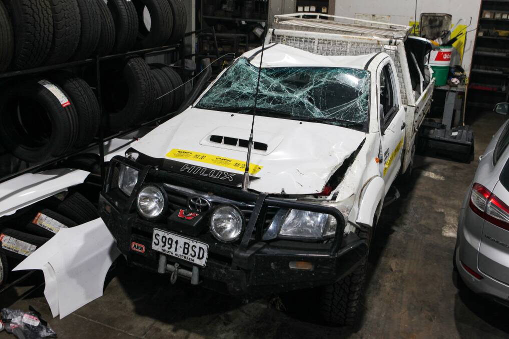 WRITE-OFF: Robert Monk's Toyota Hilux was badly damaged in the rollover. Picture: Rob Gunstone