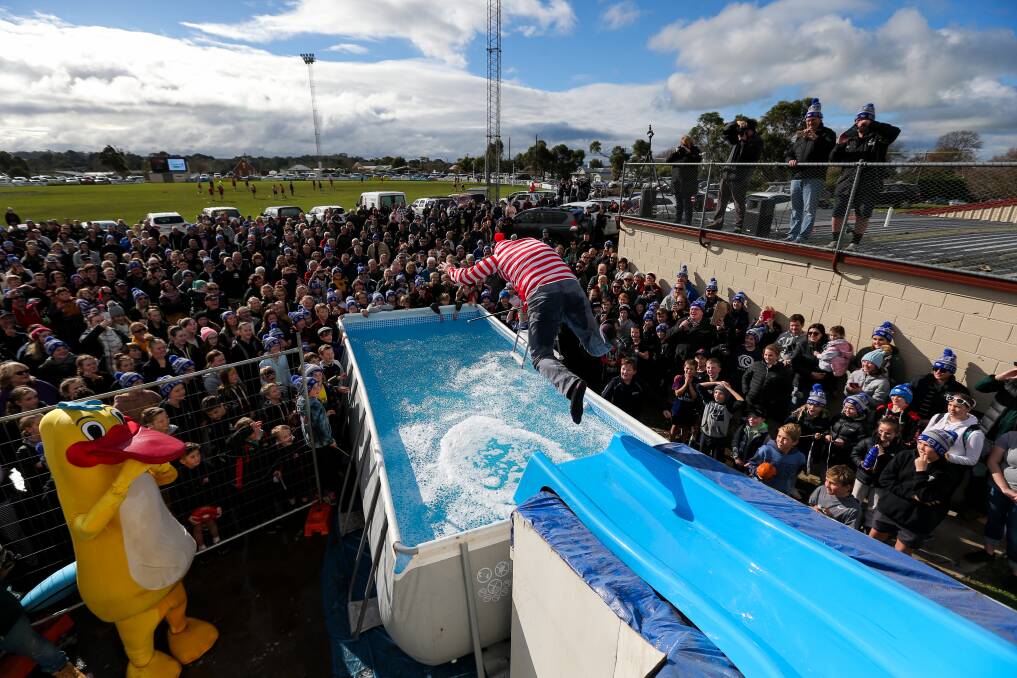 AIRBORNE: Find Wally, Camperdown's Peter Reilly showed a unique form off the slide. Picture: Rob Gunstone