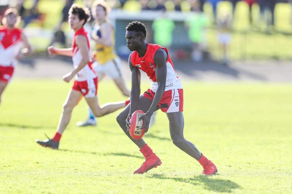 AGILE: Emmanuel Ajang impressed in his senior appearances for South Warrnambool in 2019. He played for the Roosters when NAB League commitments with GWV Rebels permitted. Picture: Morgan Hancock