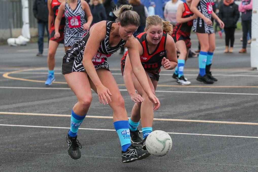 Joining forces: Camperdown's Jessica Cameron and Cobden's Molly Hutt against each other in the Hampden league this season. They will play alongside each other for the Western Region. Picture: Rob Gunstone