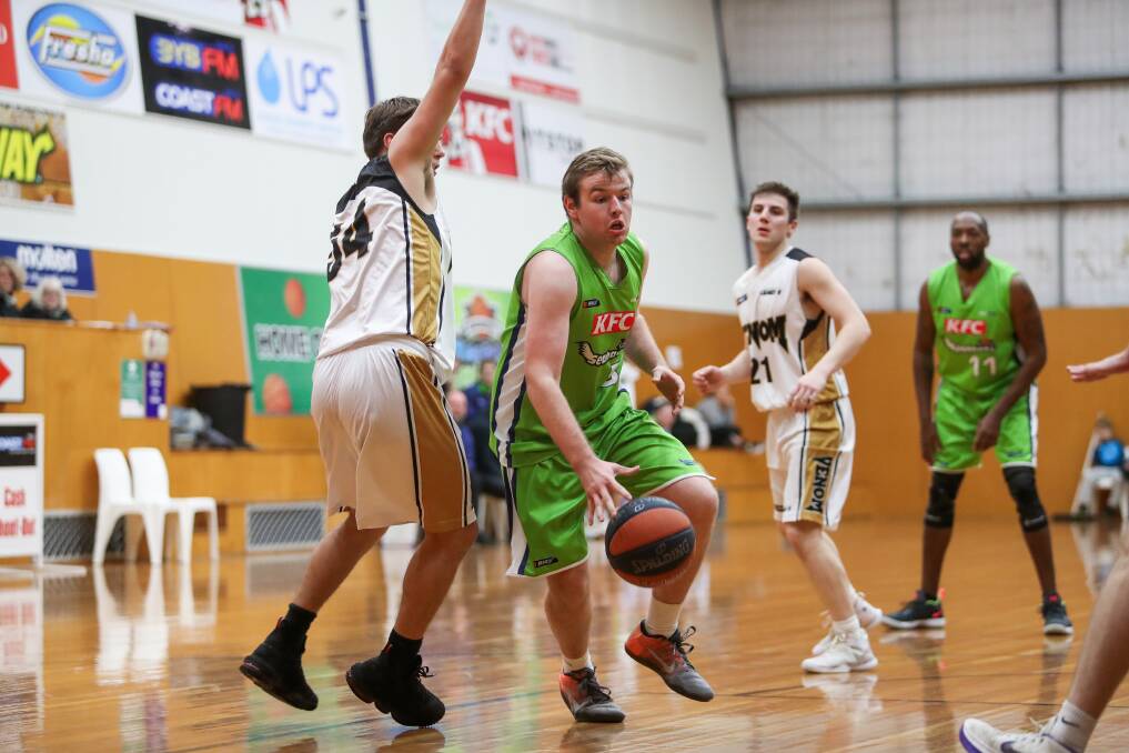 Warrnambool's Liam Osborne moves towards the basket against Warrandyte at the Arc on Saturday night. Picture: Morgan Hancock