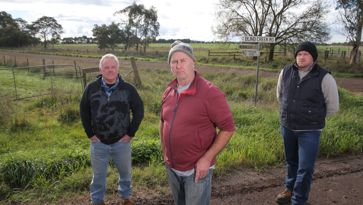 EPIC BATTLE: Bookaar's Rodney Johnson, Andrew Duynhoven and Andrew Smith are hoping a proposal for a solar farm will be rejected by VCAT. Picture: Rob Gunstone