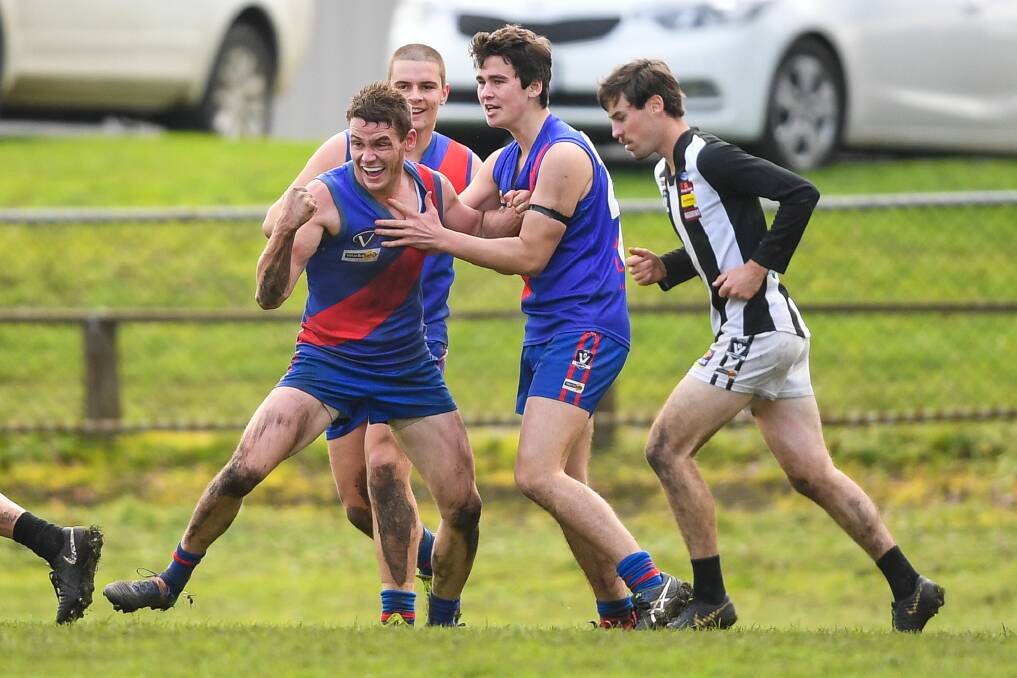 FUTURE-PROOFING: Terang Mortlake's Jarryd Hay celebrates a goal with teammates. The Bloods are hoping to kick goals in the future. Picture: Morgan Hancock