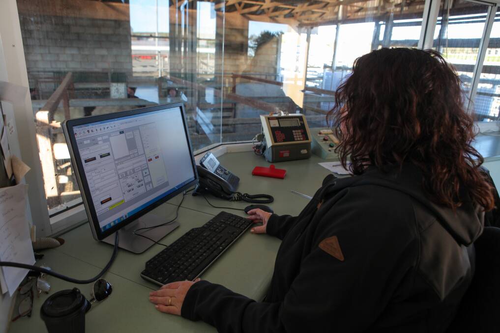 Digital: Inside the Warrnambool Saleyard's control centre where information from the new scanner is received. Picture: Rob Gunstone