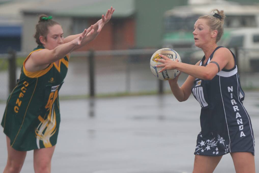 Out of defence: Nirranda's Katie Ryan looks to pass during the first half against Old Collegians. Picture: Mark Witte