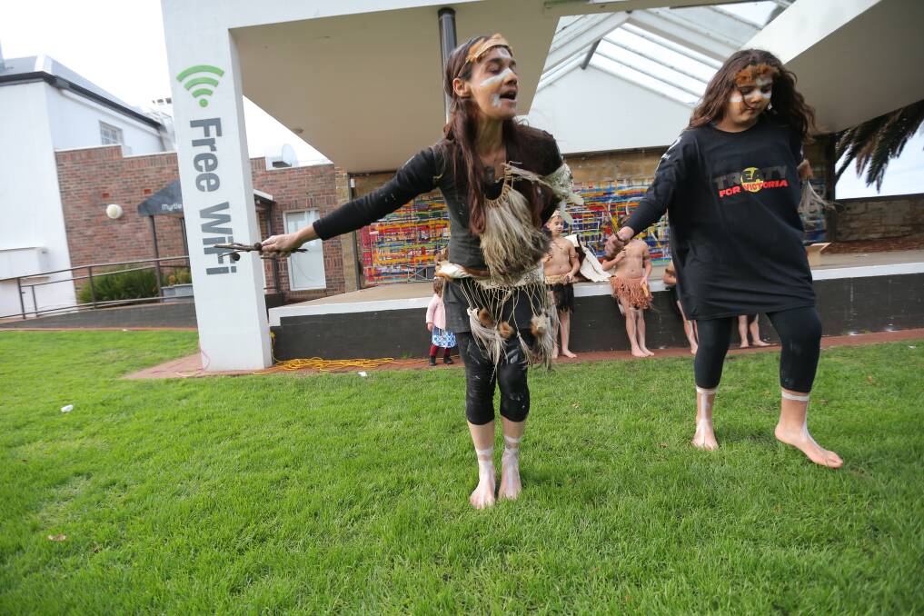 Traditional: Yaruan Couzens-Bundle and Shakira Chatfield dance during the opening ceremony of NAIDOC week. Picture: Mark Witte