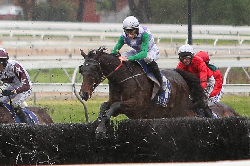 VICTORIOUS: Police Camp, ridden by Will Gordon, clears a hurdle in the Thackeray Steeplechase in Warrnambool earlier this month. Picture: Morgan Hancock
