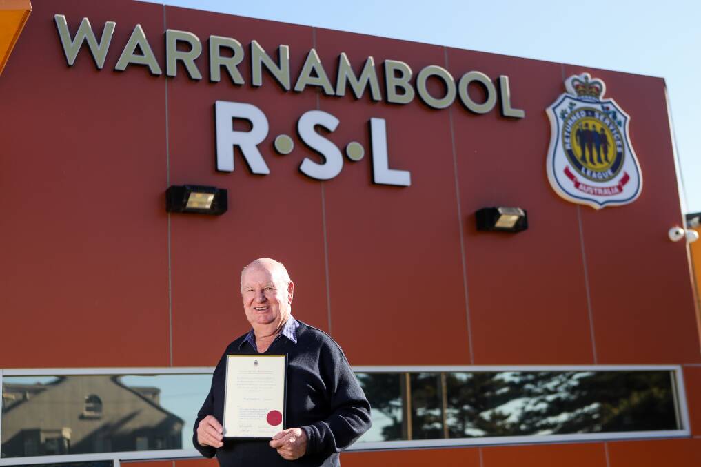 GOOD SERVICE: Warrnambool RSL president John Miles holds a certificate awarded to the city branch after membership increased by 15 per cent. Picture: Morgan Hancock