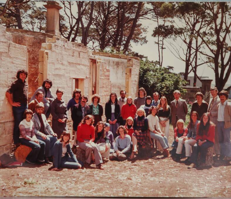 The first group of teaching graduates in 1971 in front of the remains of the Sherwood Park homestead. 