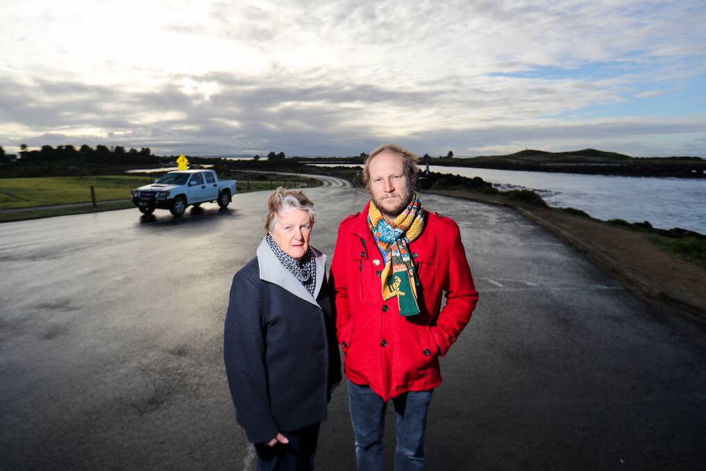 PREPARING FOR RISE: Councillors Jill Parker and Jordan Lockett are pictured at The Passage in Port Fairy, where the road is known to flood during high tides. Picture: Morgan Hancock