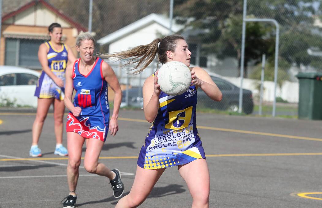MOVING: North Warrnambool Eagles' Kate O'Mera looks for a forward option. Picture: Rob Gunstone