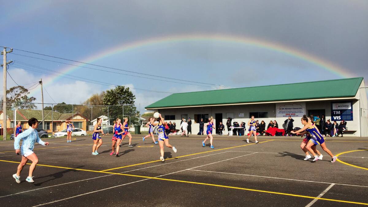 BRIGHT DAY: A rainbow across the court at Terang during the game. Picture: Rob Gunstone