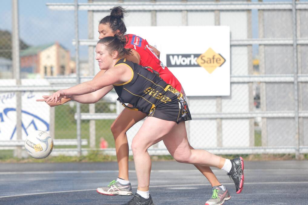 Tough battle: Dennington's Lani Keane and Merrivale's Nicole Ferguson will face-off in an elimination final on Saturday. Picture: Mark Witte