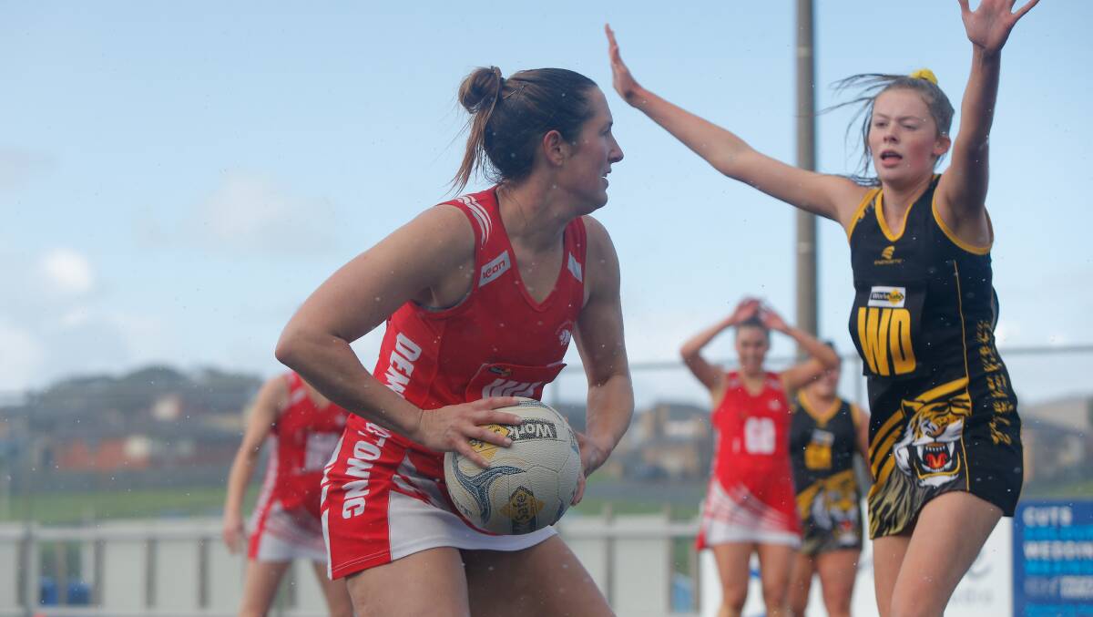 WARRING FACTIONS: Office co-workers Dennington's Jess Haberfield (pictured) and Merrivale's Nicole Ferguson play off in a preliminary final on Saturday. Picture: Mark Witte