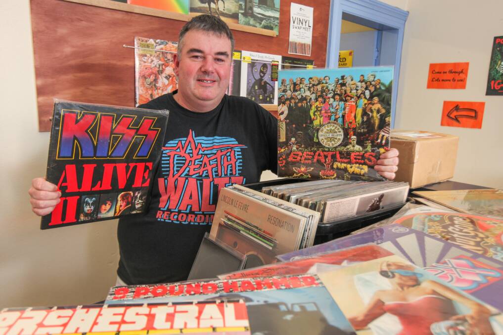 Stars on 45: Shane Godfrey, from Prehistoric Sounds, is getting his inventory ready for the 3rd Vinyl Swap Meet in Port Fairy. Picture: Rob Gunstone