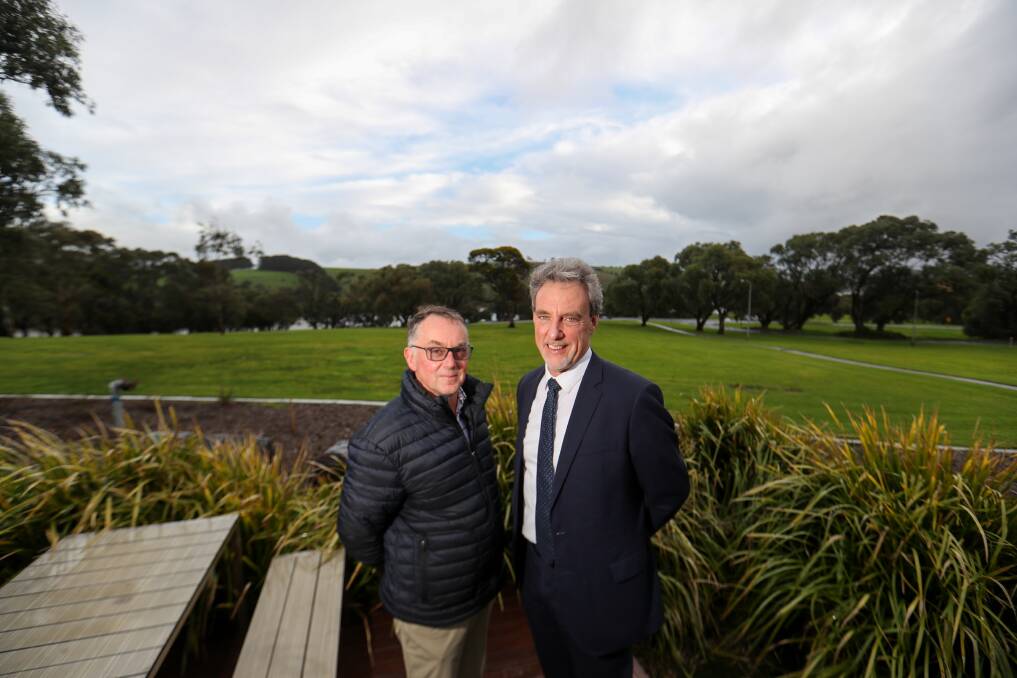 TALKING SCHOOLS: Lavers Hill K-12 principal Anthony Grayden and Victoria's Curriculum Authority CEO David Howes at a panel hearing in Warrnambool.