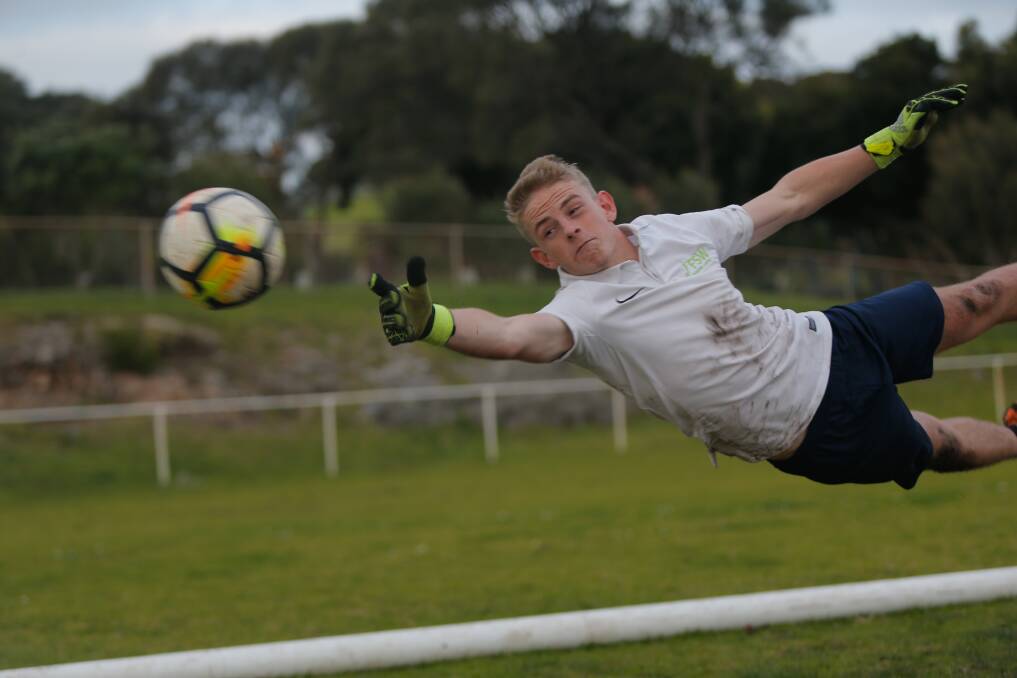 GIANT LEAP: Warrnambool Rangers goal keeper Ben Rogers moved from Western Australia earlier this year. Picture: Mark Witte