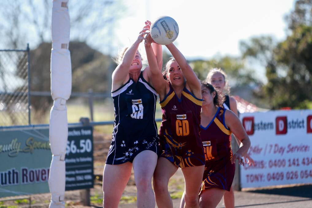 Two of the best: Nirranda coach Steph Townsend and South Rovers coach Jess Rohan battle for the ball. Picture: Anthony Brady