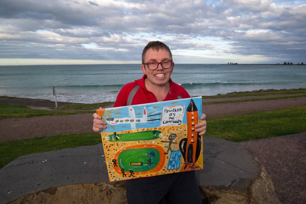 Port Fairy artist Tommy Leembruggen with his painting for the cover of the Moyneyana Festival program. Picture: Anthony Brady