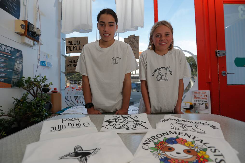 High school entrepreneurs: Ray Slockwitch, 15, and Moses Stromvall-O'Brien, 13, have started Slow Pickles T-Shirts. Picture: Mark Witte