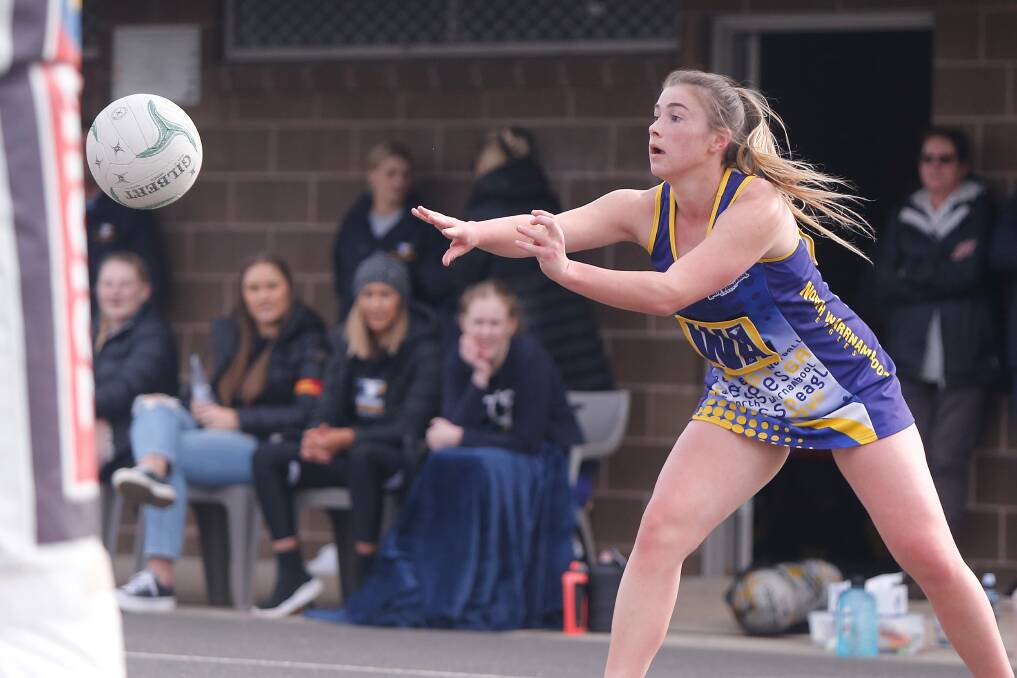 Dish off: North Warrnambool Eagles' Kate O'Meara passes the ball during the match against Warrnambool earlier this season. Picture: Mark Witte