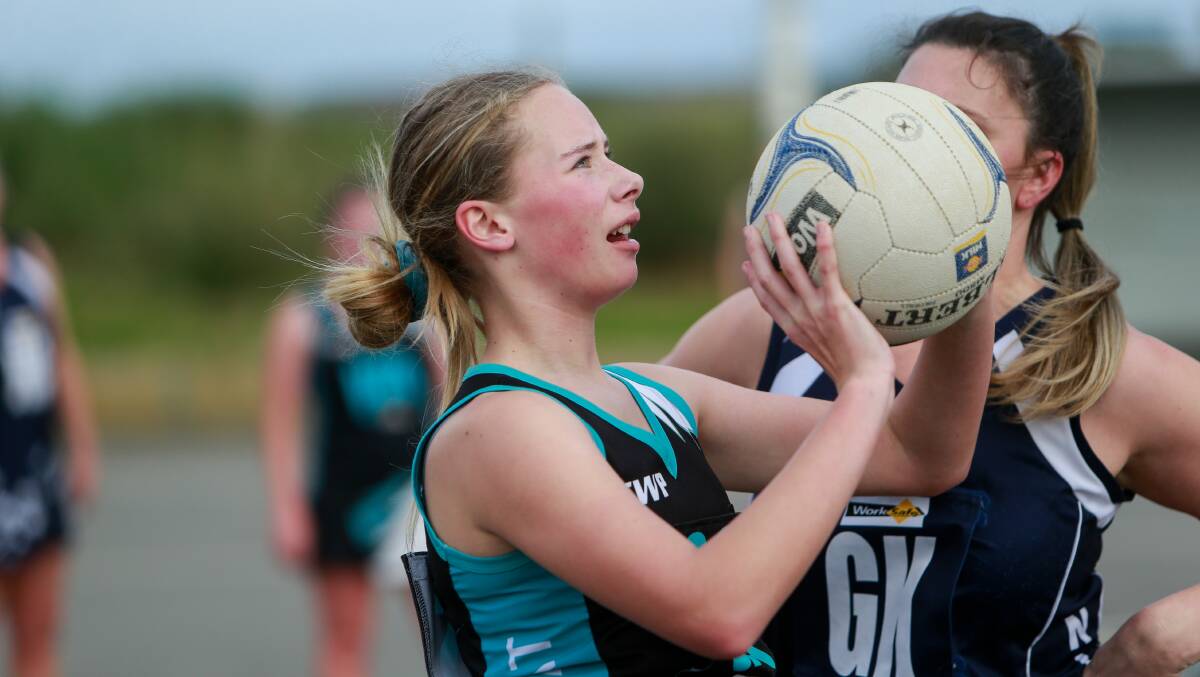 Eyeing goals: Kolora-Noorat's Lily Baker, 15, shot well in first full A grade match. Picture: Anthony Brady