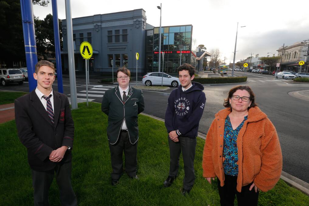 Warrnambool City youth council members Ben Pennington, 16, Robert Egan, 16, Andrew Pritchard, 17, and Community Development Officer Nicole Wood ready for the screening of 2040. Picture: Mark Witte