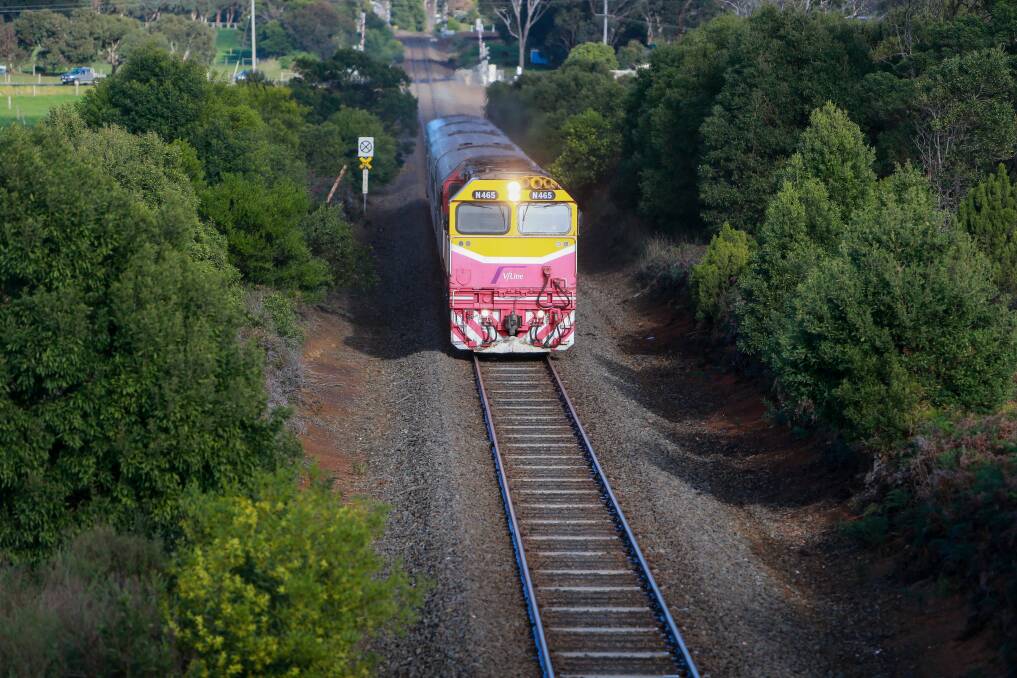 ALL ABOARD: A Warrnambool-bound V/Line train passes through Allansford. The service delivered 91.9 per cent of trains on time last month. Picture: Anthony Brady