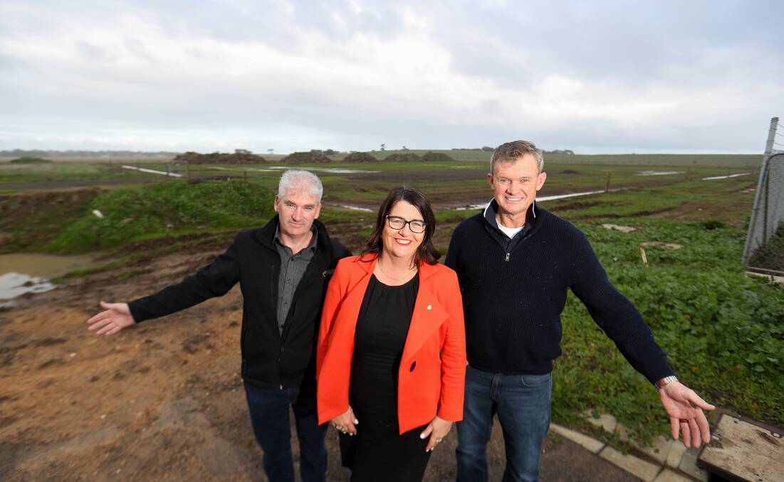 GRAND PLAN: Wheelie Waste general manager Chris Philp and managing director Gary Barton with Member for South West Coast Roma Britnell at the proposed site. Picture: Morgan Hancock