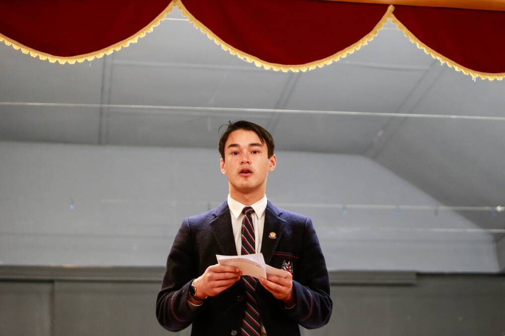Emmanuel College student Oliver Hammond competes at the 2019 City of Warrnambool Eisteddfod seconardy school debating. Picture: Anthony Brady
