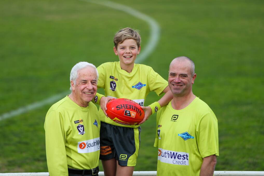 MAKING MEMORIES: The Pedler family - grandfather Daryl, grandson Campbell and son Nigel - are umpiring this weekend together for the first time. Picture: Morgan Hancock