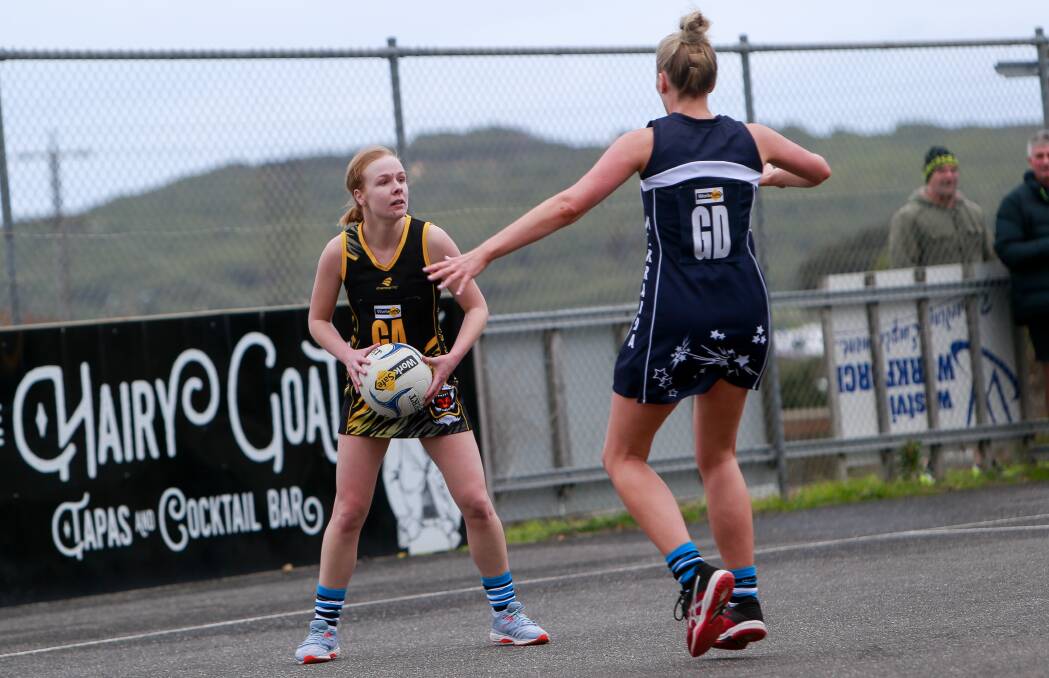 HANDY INCLUSION: Merrivale's Carly Peake, who has mostly coached from the sidelines in 2019, hit the court for the Tigers against Nirranda on Saturday. Picture: Anthony Brady