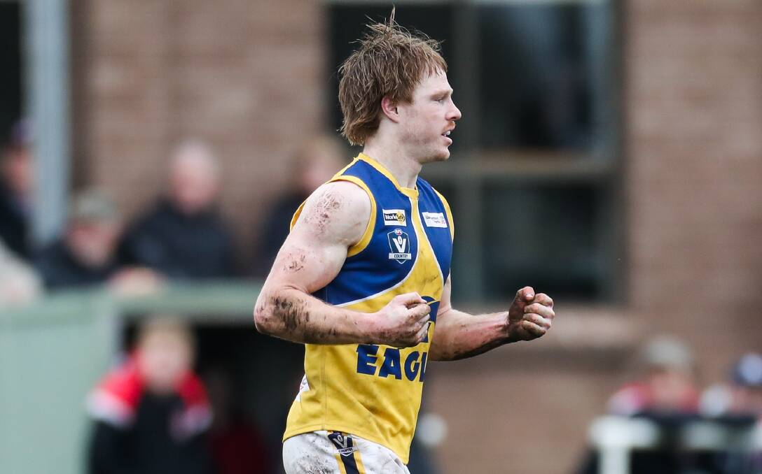 SUBTLE: North Warrnambool Eagles' forward Adam Wines nonchalantly celebrates kicking one of his three goals in Saturday's win over Koroit, which was the side's 14th of the year. Picture: Morgan Hancock