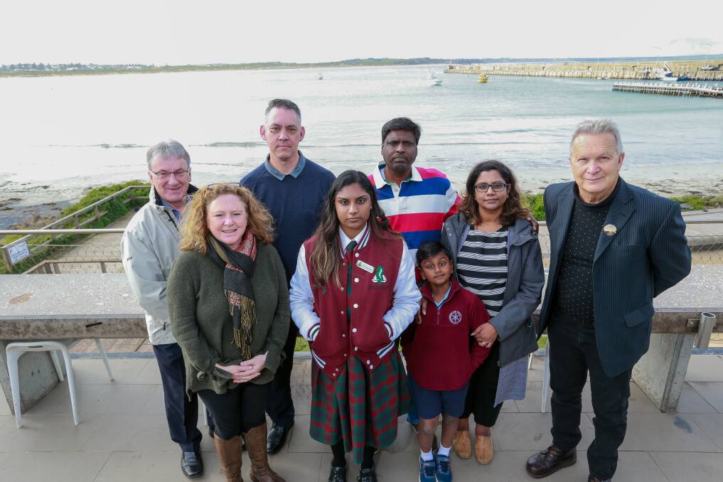 Warrnambool City councillors Robert Anderson, Kylie Gaston, Mike Neoh and David Owen have thrown their support behind Raj Manikam, Prewathy Balasurpramaniam and their children Vanisre and Vela to stay in Australia. Picture: Anthony Brady