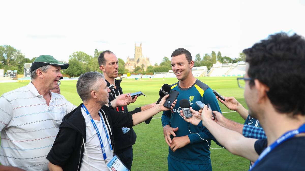 Josh Hazlewood of Australia talks to media. He's into the side for ther second Test at Lords.