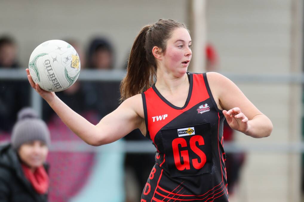 BOMBS AWAY: Cobden goalie Emily Finch will be a key player in her side's search for a maiden open netball premiership flag. Picture: Morgan Hancock