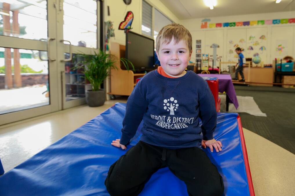 PLAYTIME: Daniel O'Keefe tries out the new gymnastic mats at Koroit and District Kindergarten. Picture: Anthony Brady