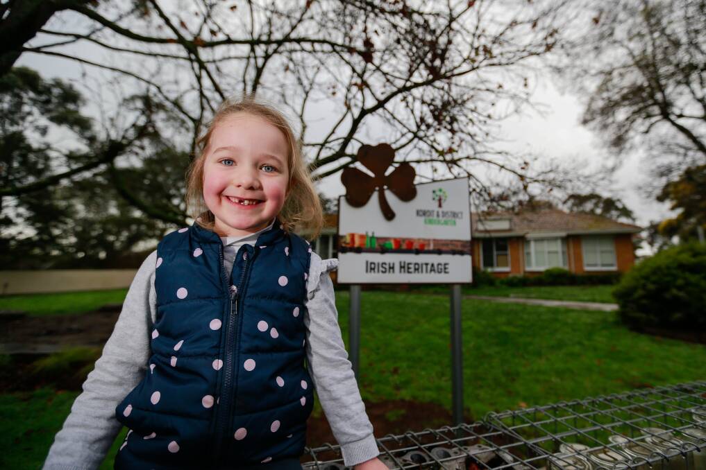 HISTORY: Poppy Martin in front of the new signs at Koroit and District Kindergarten. Picture: Anthony Brady